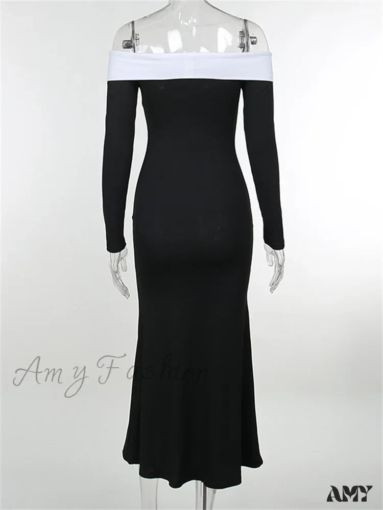 Amy Fashion - Sexy Women Slash Neck Off Shoulder   Sleeve Contrast Color Slim Fit Party Formal Female Vestidos