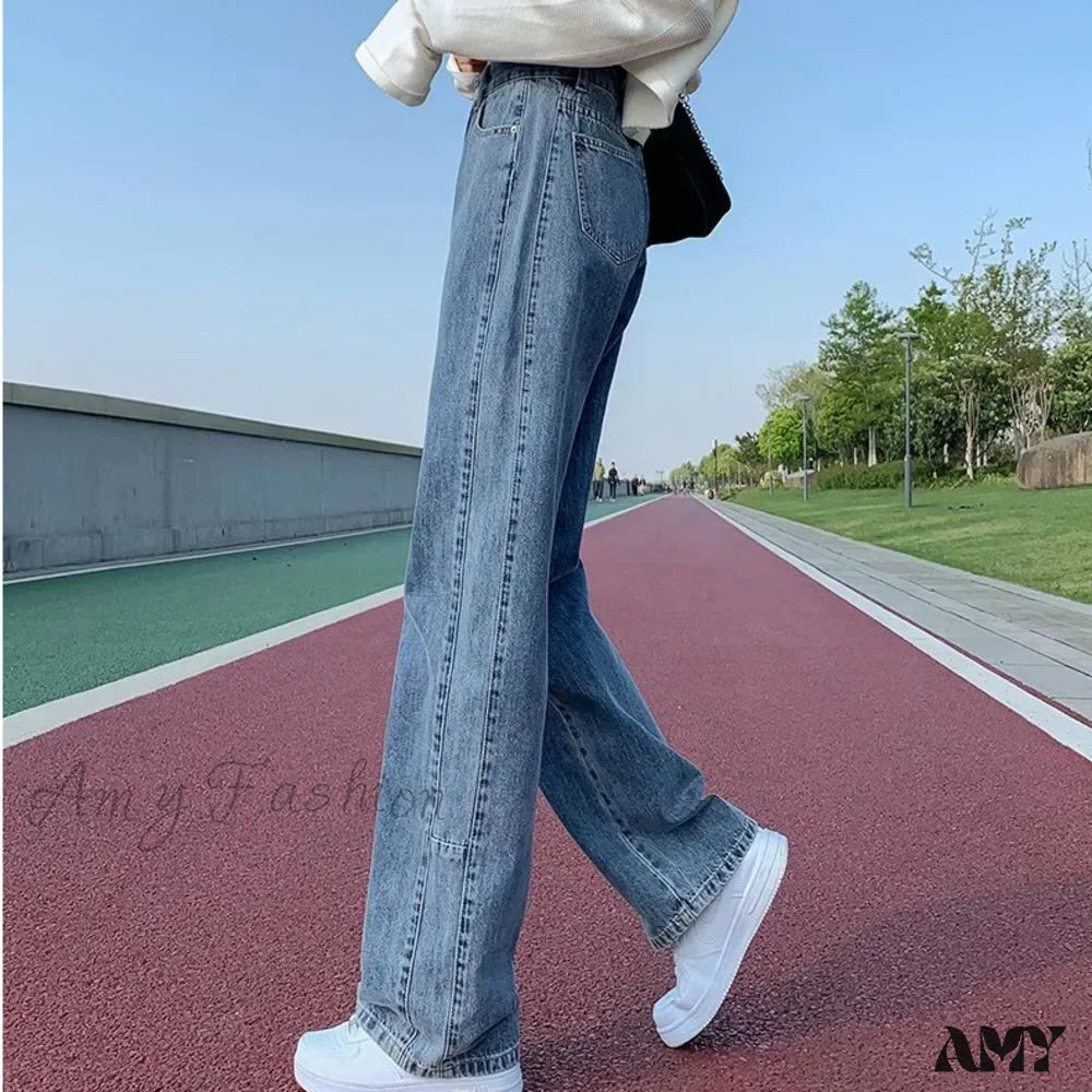 Amy Fashion - Fashion Straight Women Pant Woman High Waist Denim Pants Wide Leg Denim Clothing Blue Vintage Quality Jean