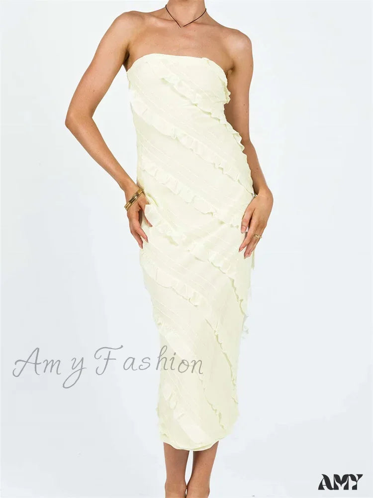 Amy Fashion - Strapless Off Shoulder Tube  Elegant Women Ruffles  Summer Party Bodycon Solid Female Vestidos