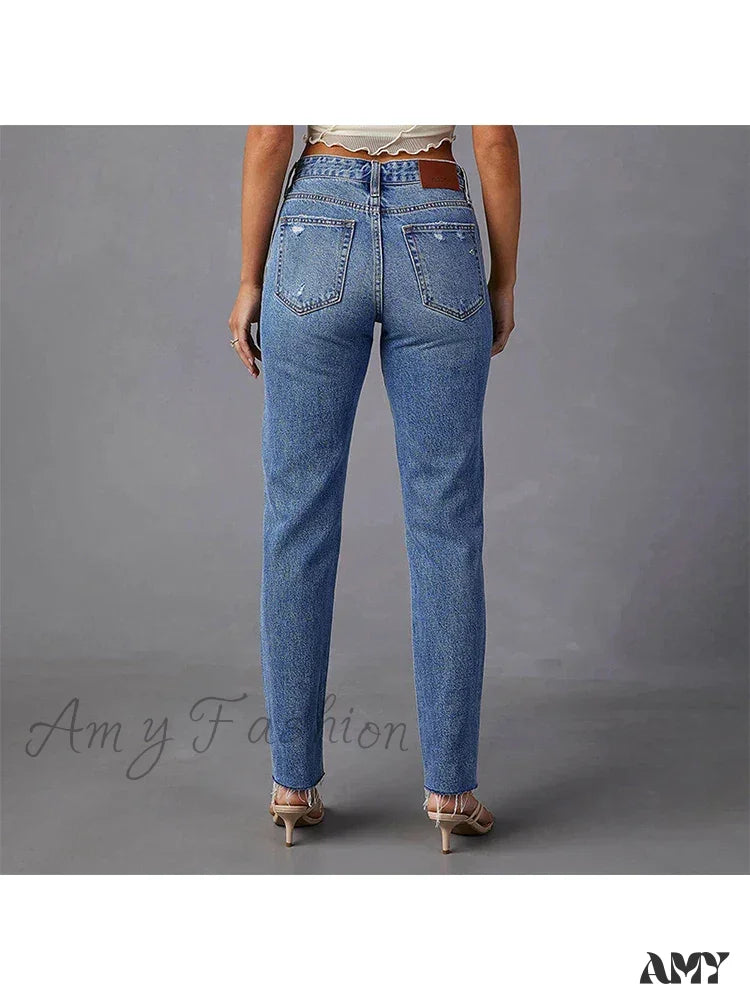 Amy Fashion - Stretch Blue High Waist Ripped Casual Fashion Streetwear Denim Jean