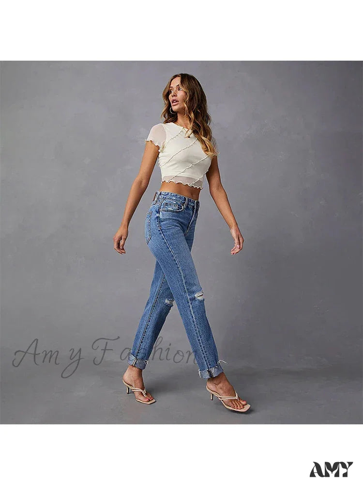 Amy Fashion - Stretch Blue High Waist Ripped Casual Fashion Streetwear Denim Jean