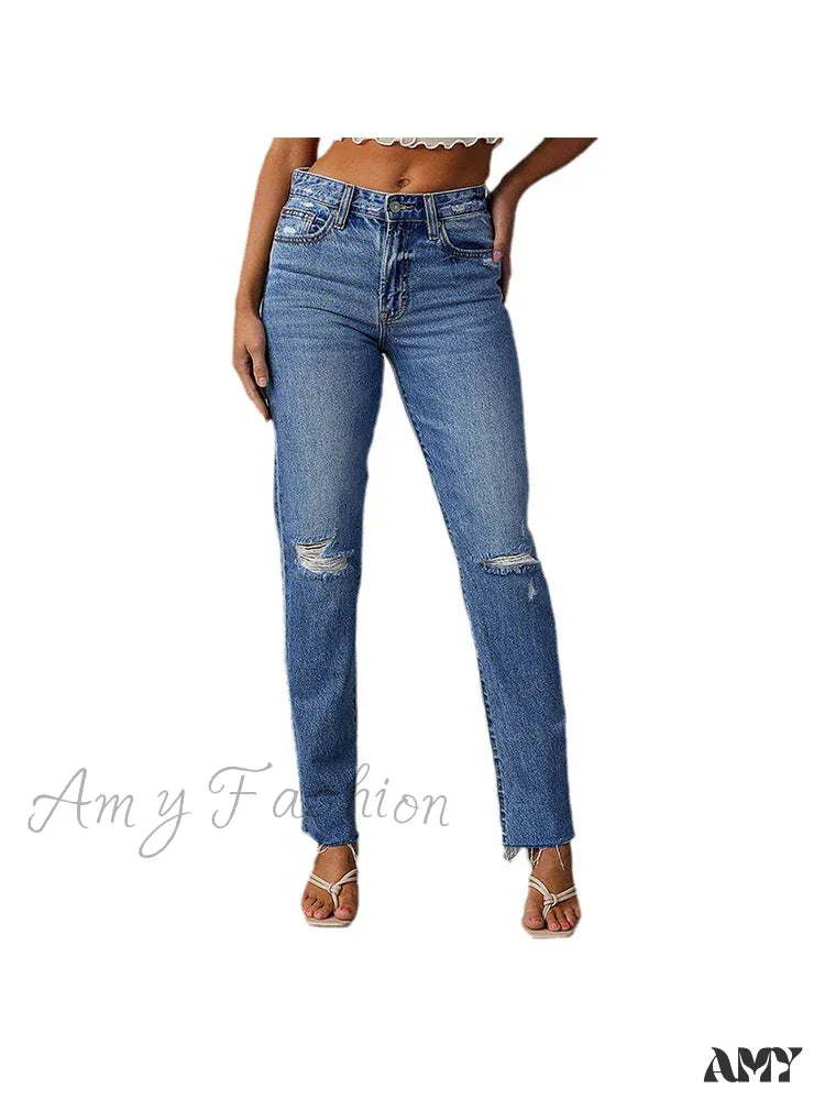 Amy Fashion - Stretch Blue High Waist Ripped Casual Fashion Streetwear Denim Jean