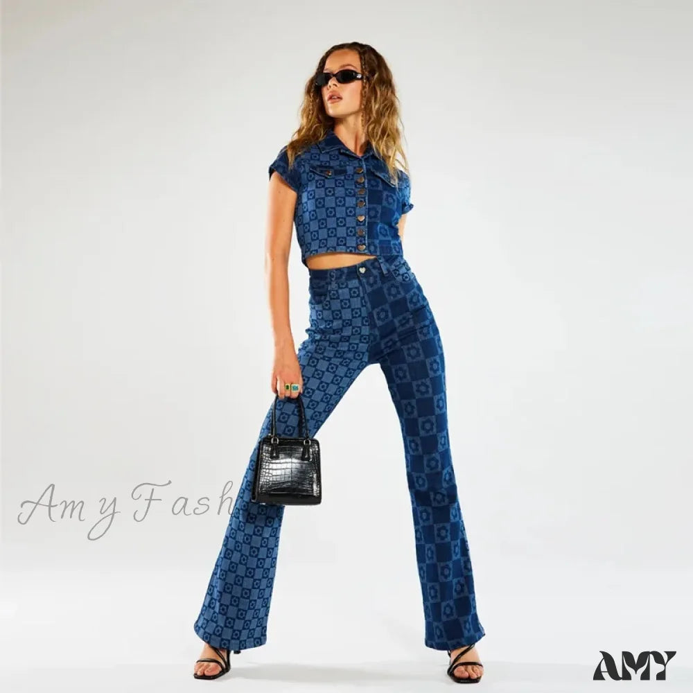 Amy Fashion - Stretch Fashion Print Women's High Waist Flare Women Long Summer Casual Streetwear Denim Pant Jean