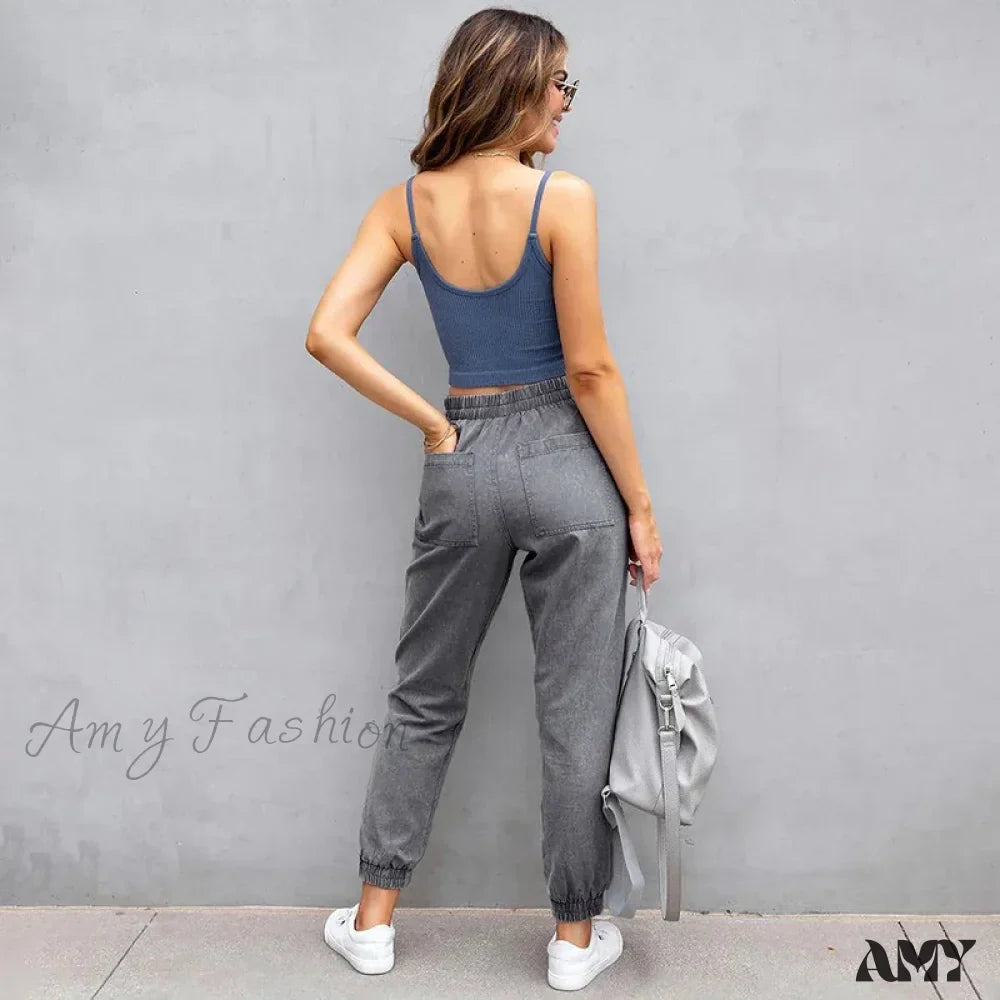Amy Fashion - Stretch Women High Waist Wide Leg Casual Fashion Pocket Drawstring Women Clothing Mom Jean