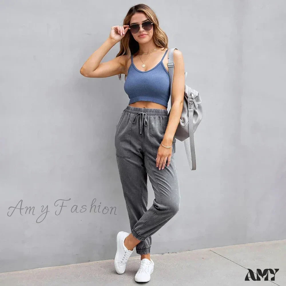 Amy Fashion - Stretch Women High Waist Wide Leg Casual Fashion Pocket Drawstring Women Clothing Mom Jean