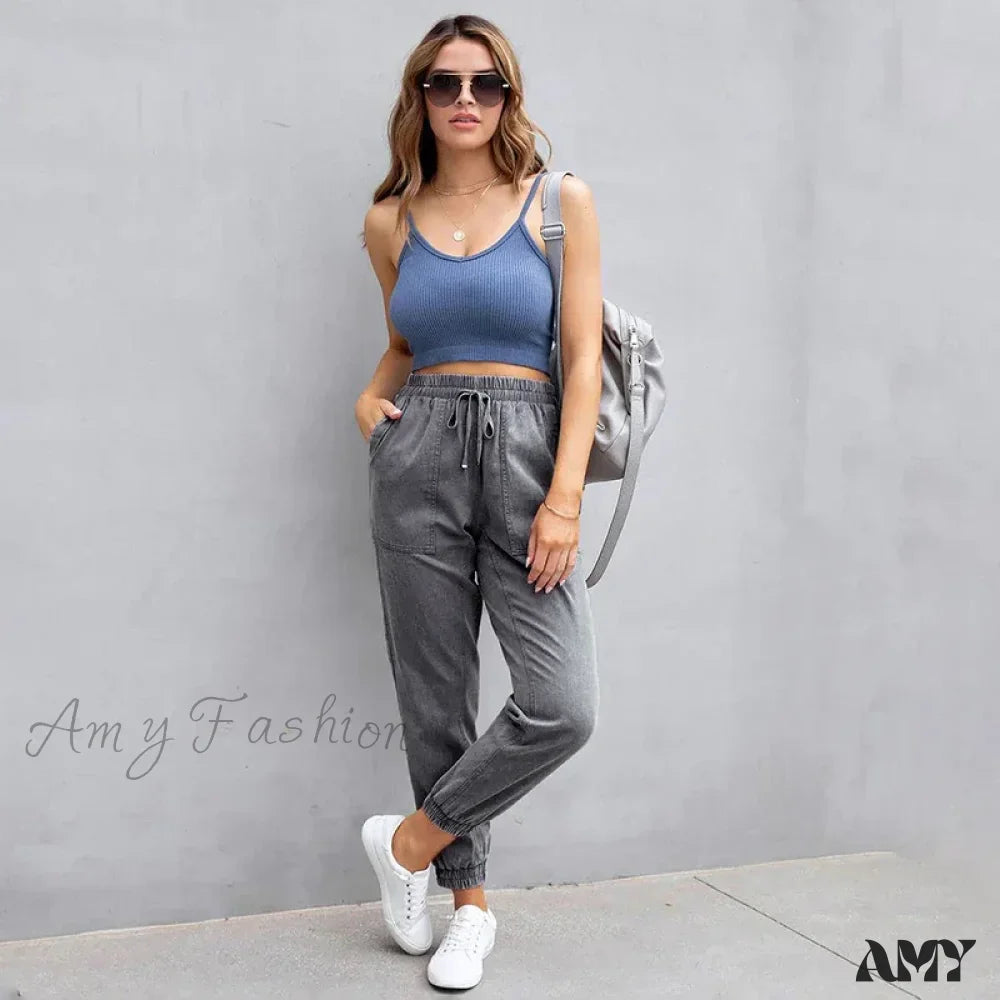 Amy Fashion - Stretch Women High Waist Wide Leg Casual Fashion Pocket Drawstring Women Clothing Mom Jean