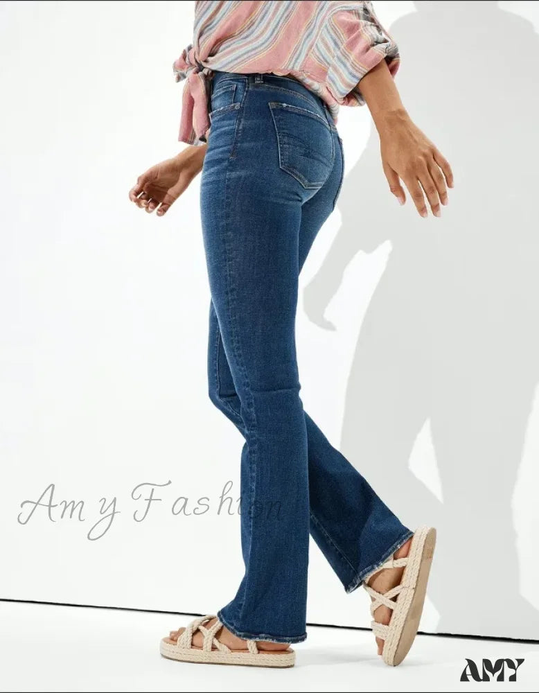 Amy Fashion - Vintage Flare Wide Leg High Waist Fashion Stretch Pocket Denim Jean