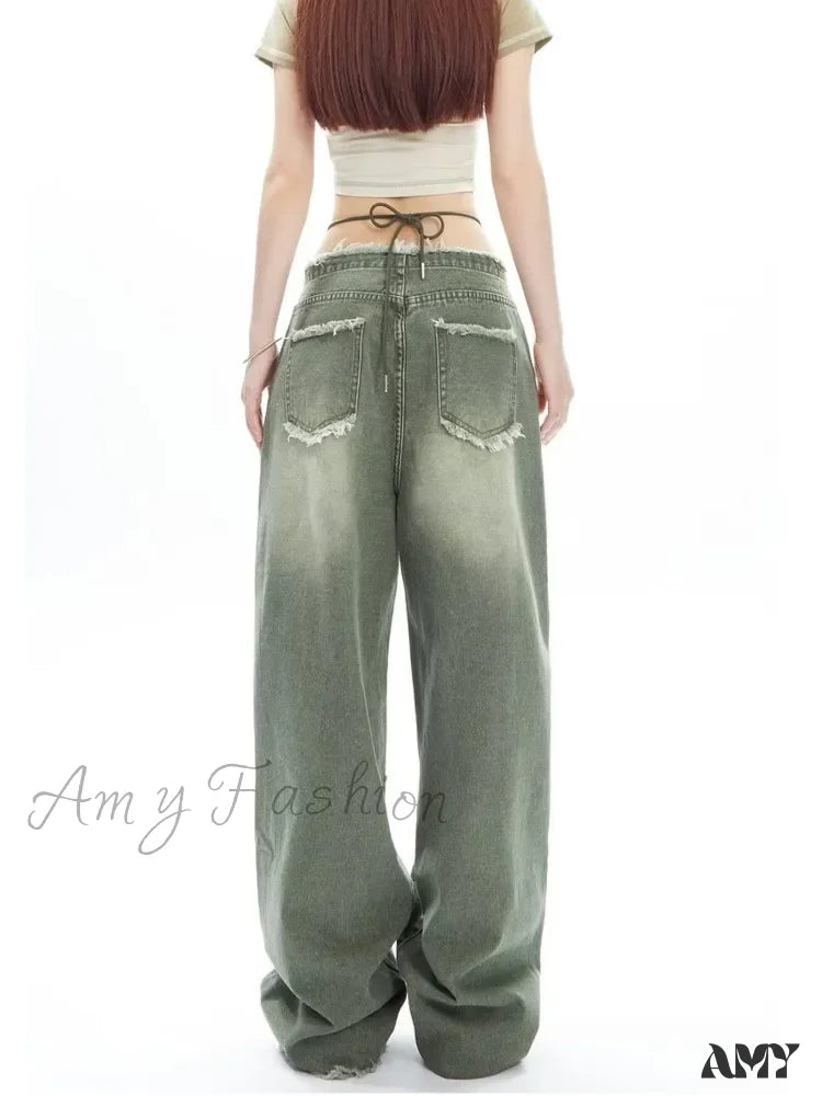 Amy Fashion - Vintage Green Wide Leg High Street High Waisted Drape Straight Leg Vintage Women's Jean
