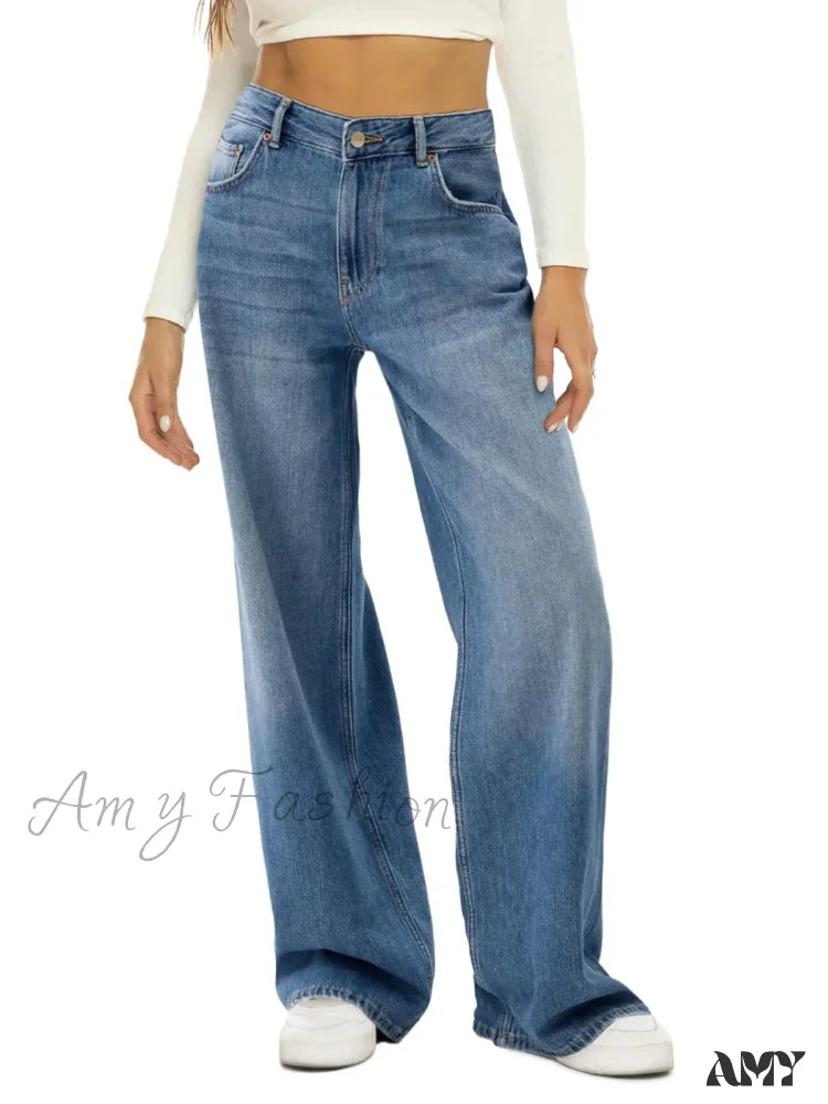 Amy Fashion - Vintage High Waist Wide Leg Blue Baggy Streetwear Harajuku Straight Fashionable Casual Elegant Stylish Jean