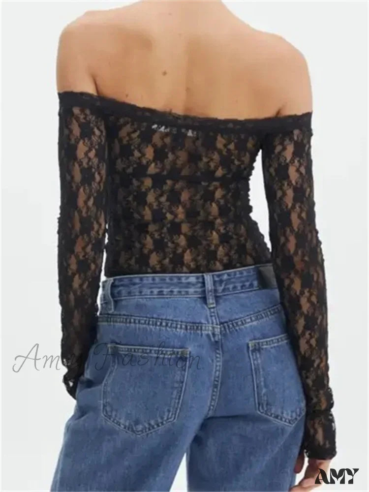 Amy Fashion - Vintage Lace Crop Tops Long Sleeve Off-Shoulder Casual Pullovers T-shirts