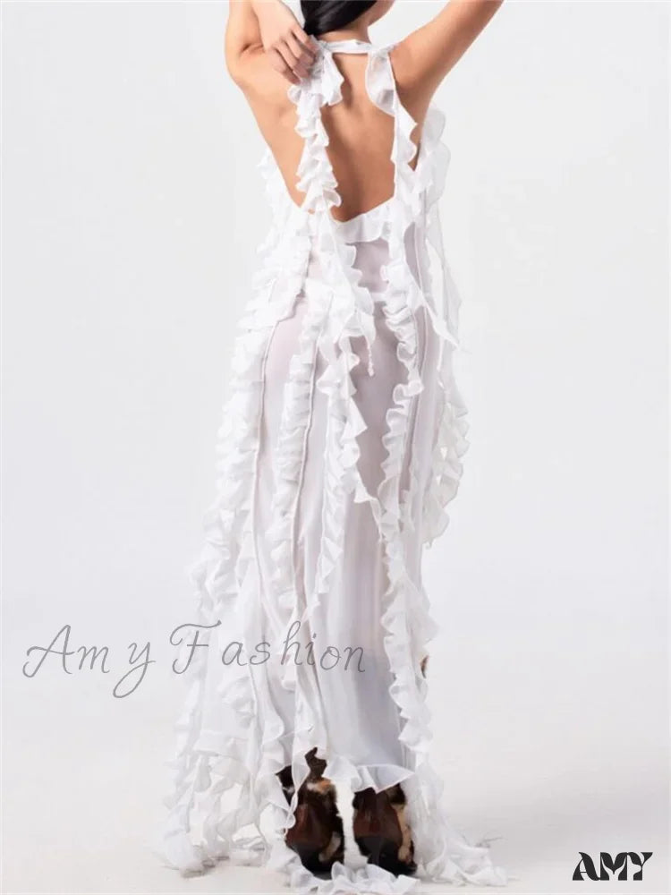 Amy Fashion - Women 3D Floral Tassels  Ruffles Sheer Mesh See Through Y2K Off Shoulder Backless Sexy Vestidos Clubwear