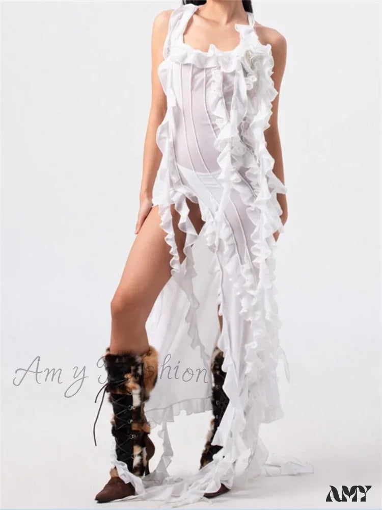 Amy Fashion - Women 3D Floral Tassels  Ruffles Sheer Mesh See Through Y2K Off Shoulder Backless Sexy Vestidos Clubwear