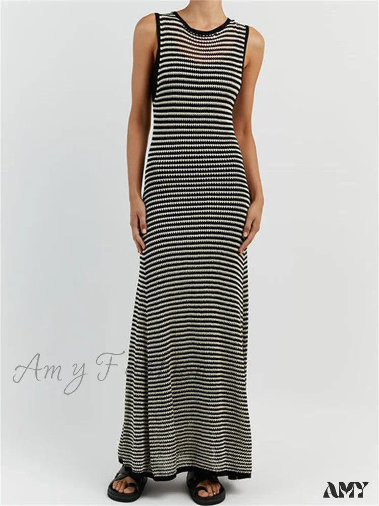 Amy Fashion - Women Knitted  Sleeveless Round Neck Striped Slim  Summer Club Party Female Vestidos Streetwear