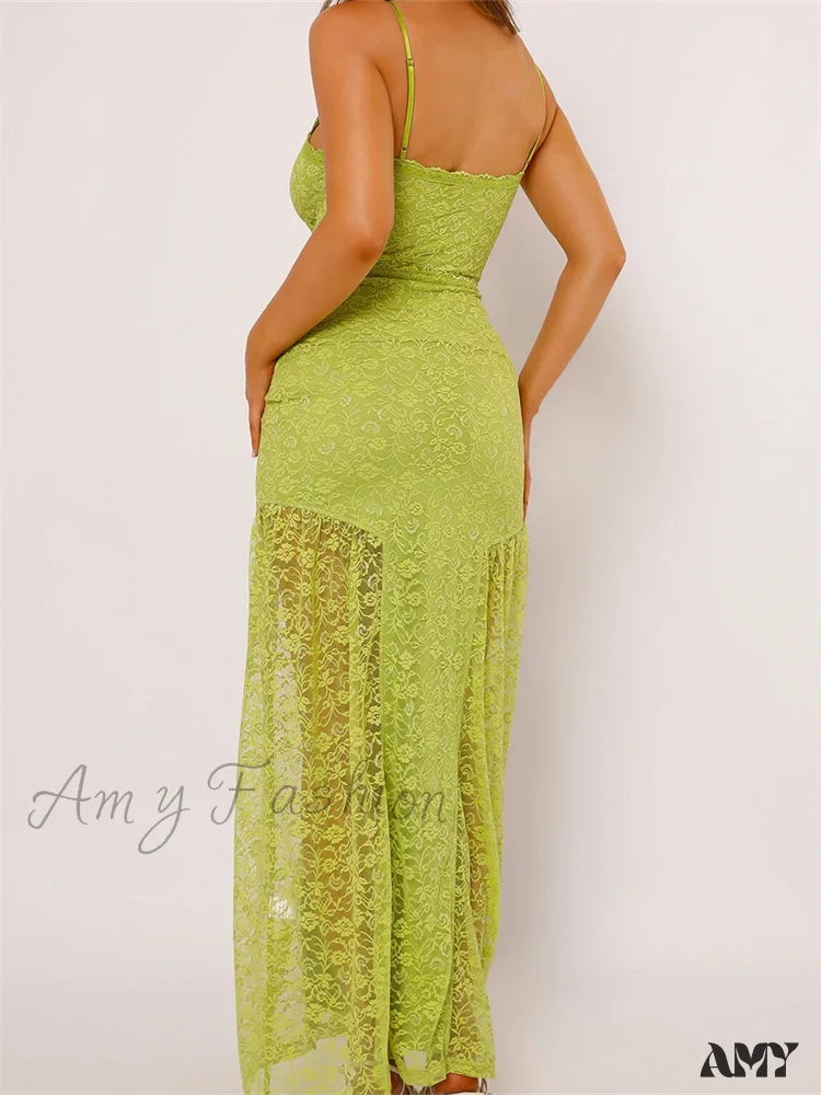 Amy Fashion - Women Lace V-neck Low Cut  Sleeveless Spaghetti Strap Solid Color Bodycon Elegant Party Vestidos