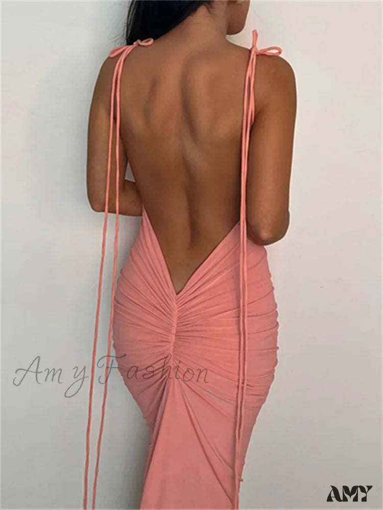 Amy Fashion - Women Sexy Backless Ruched  Adjustable Lace-up Strap Slim Elegant Solid Party Female Vestido Clubwear