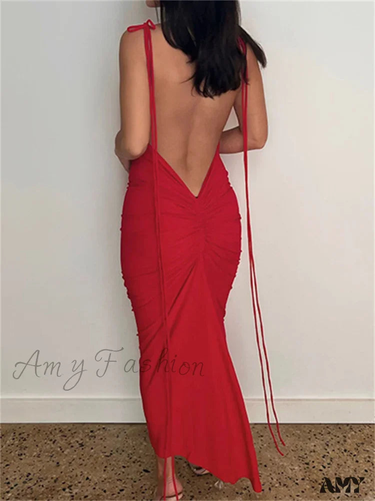 Amy Fashion - Women Sexy Backless Ruched  Adjustable Lace-up Strap Slim Elegant Solid Party Female Vestido Clubwear
