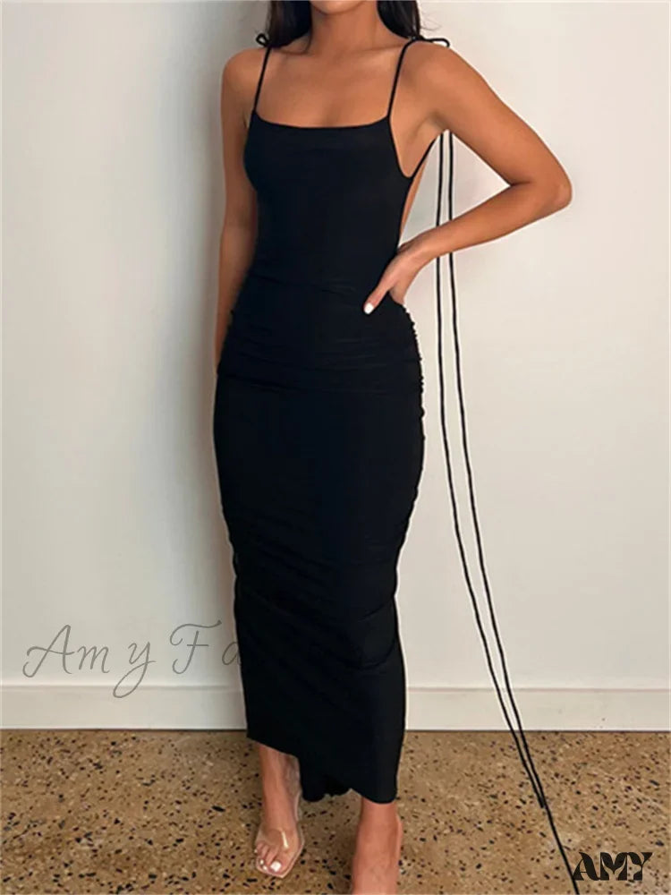 Amy Fashion - Women Sexy Backless Ruched  Adjustable Lace-up Strap Slim Elegant Solid Party Female Vestido Clubwear