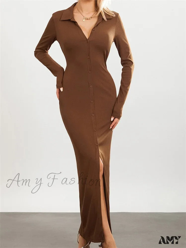 Amy Fashion - Women Slim Fit   Sleeve Button Down Turn Down Collar Evening for Spring Fall Female Vestidos