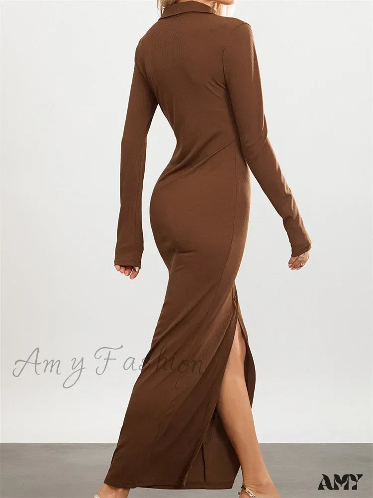 Amy Fashion - Women Slim Fit   Sleeve Button Down Turn Down Collar Evening for Spring Fall Female Vestidos