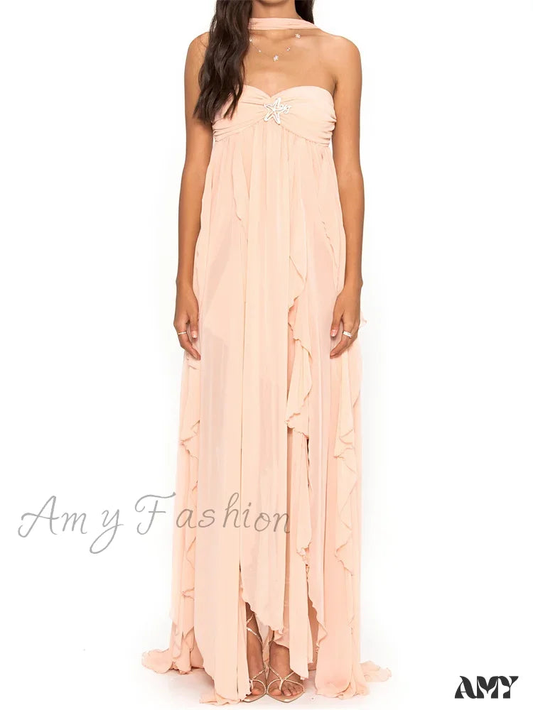Amy Fashion - Women Y2K  Tube Sexy Strapless Off Shoulder Ruffle Tassel Evening Party Halter Backless Vestidos