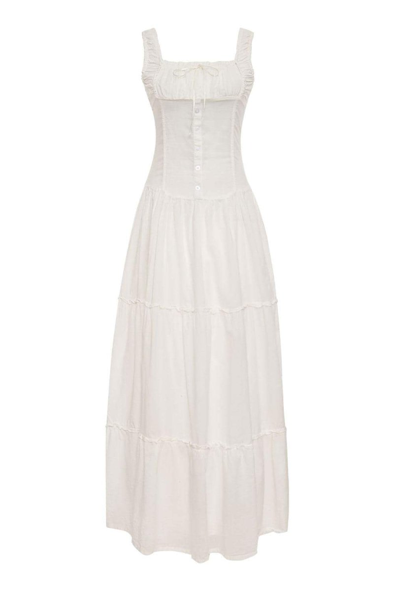Square Neck Tie Front Ruffle Strap Button Tiered Maxi Dress - View 8