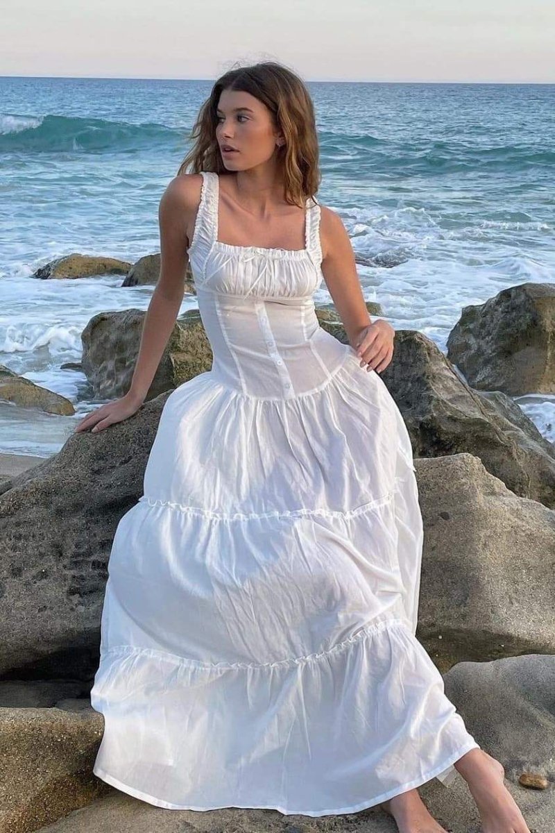 Square Neck Tie Front Ruffle Strap Button Tiered Maxi Dress - View 9