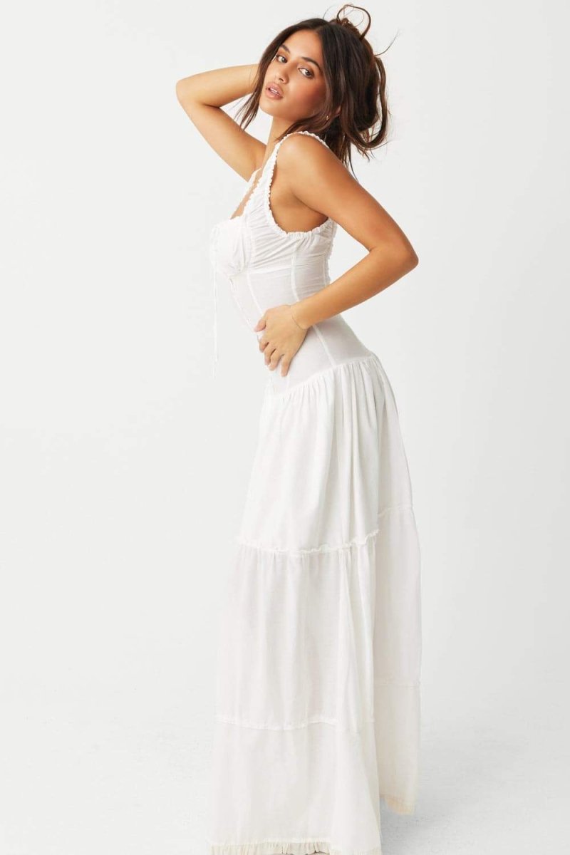 Square Neck Tie Front Ruffle Strap Button Tiered Maxi Dress - View 5