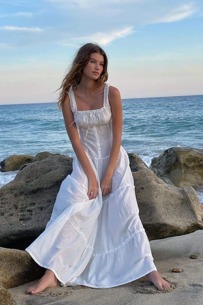 Square Neck Tie Front Ruffle Strap Button Tiered Maxi Dress