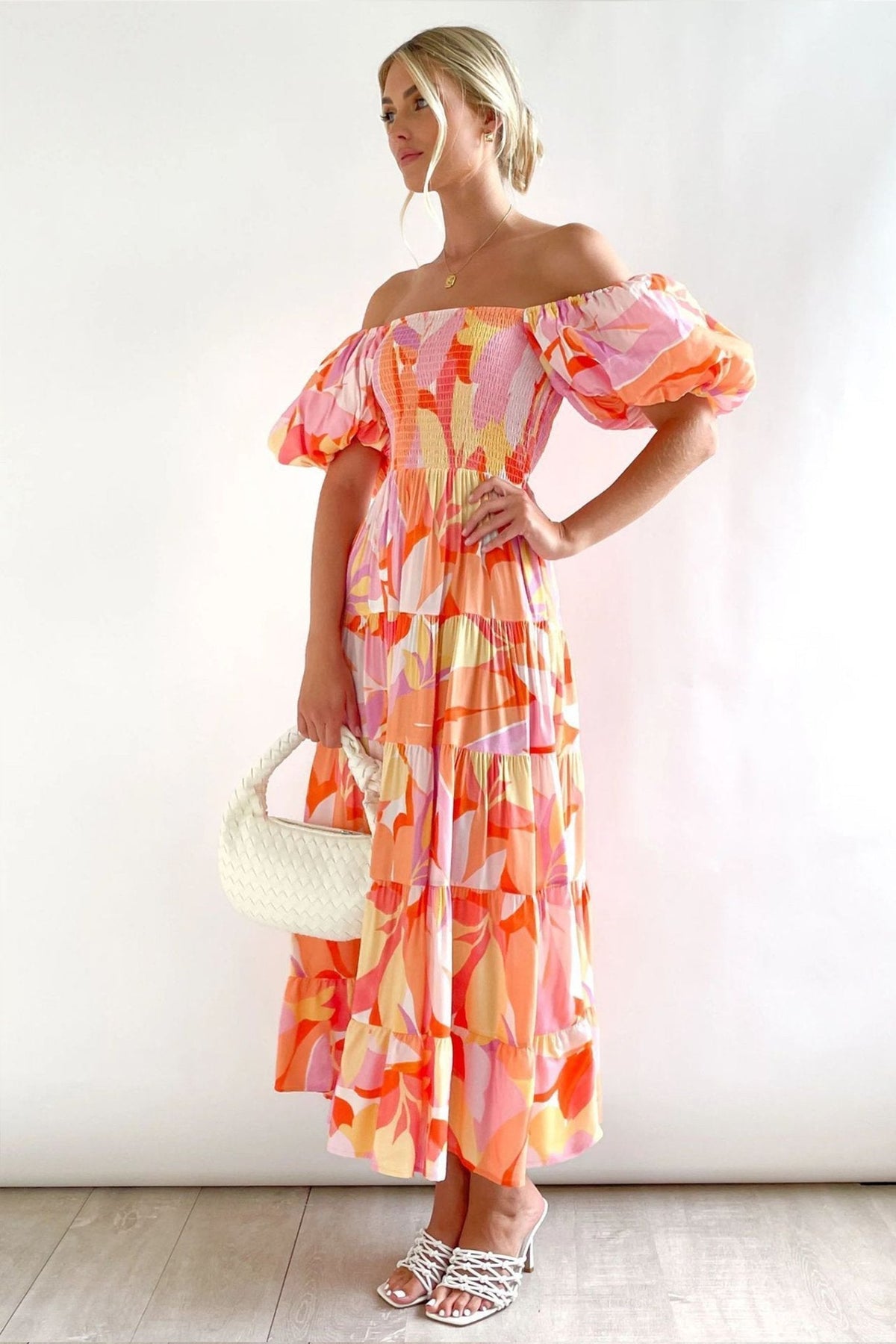 Alicia Printed Off Shoulder Tiered Puff Sleeve Maxi Dress
