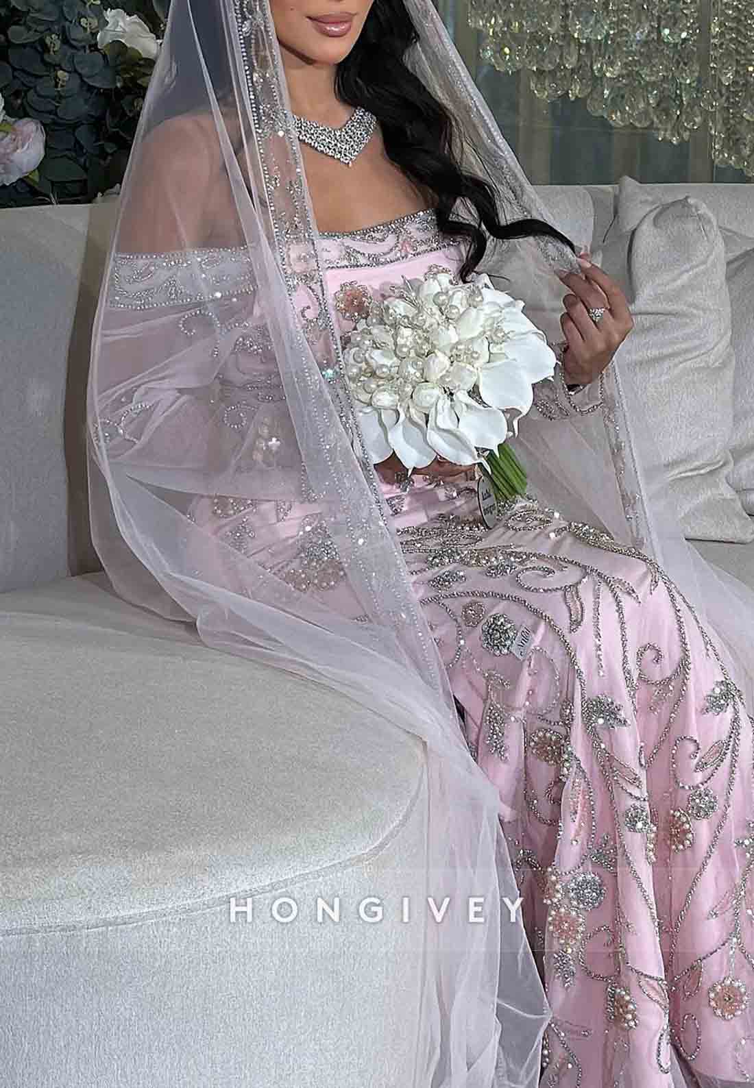 Floral Pink Long Sleeves Off the Shoulder Floor-Length Trumpet Bridal Gown