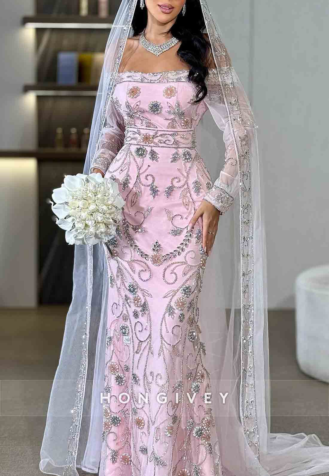 Floral Pink Long Sleeves Off the Shoulder Floor-Length Trumpet Bridal Gown