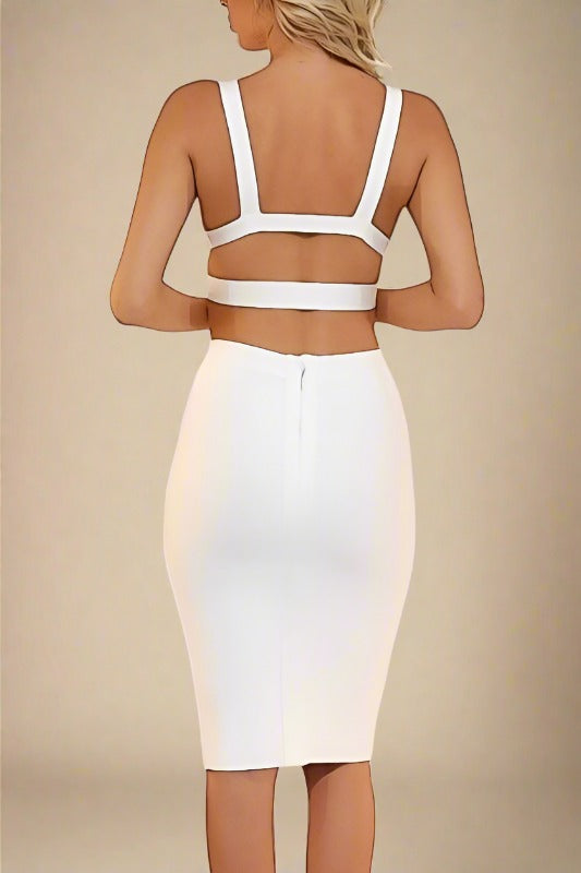 Ang Bandage Top and Knee Length Skirt Set - Pearl White - Fashionpara