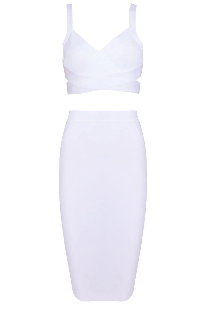 Ang Bandage Top and Knee Length Skirt Set - Pearl White - Fashionpara