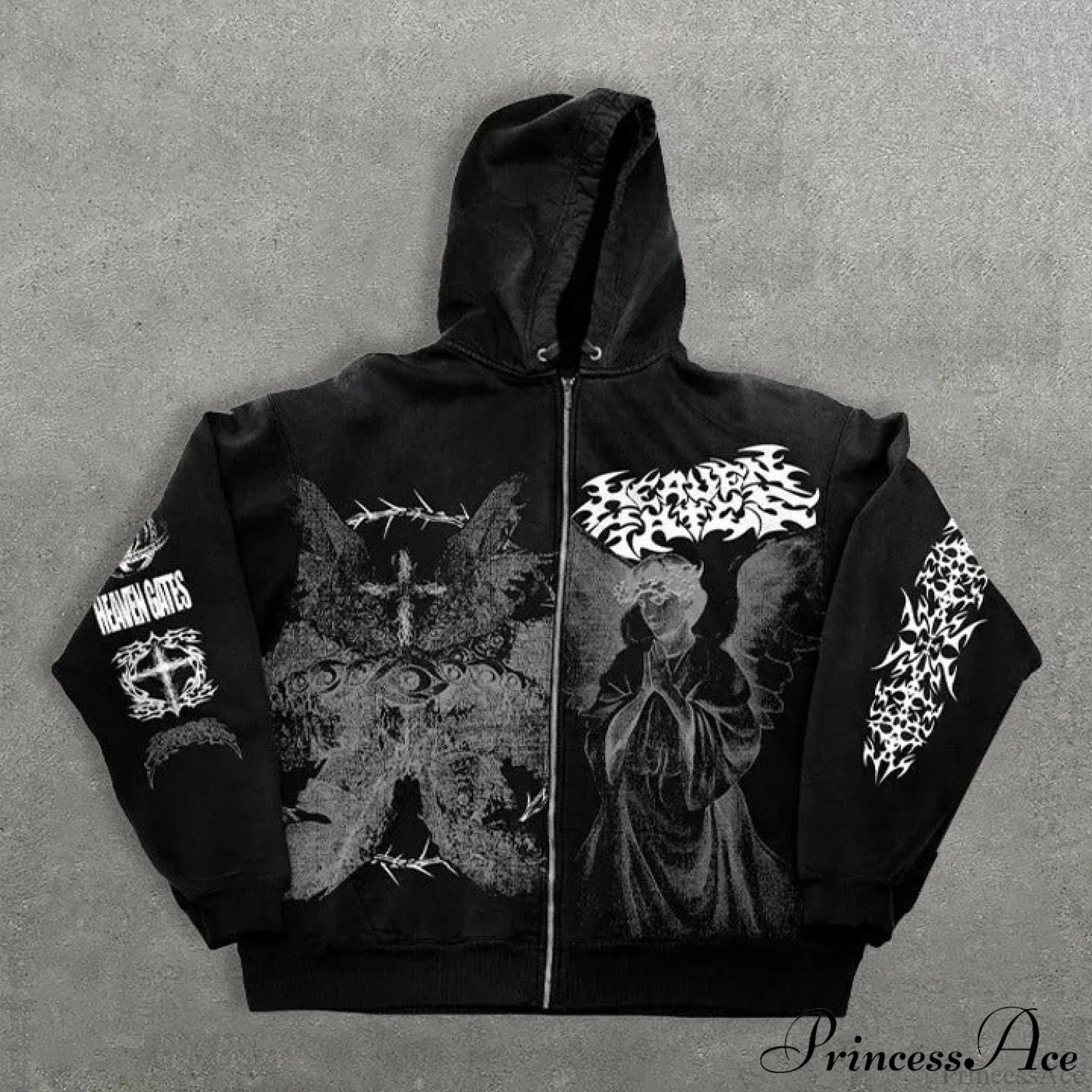 Angel Print Y2K Zip Loose Hoodie Black / XS