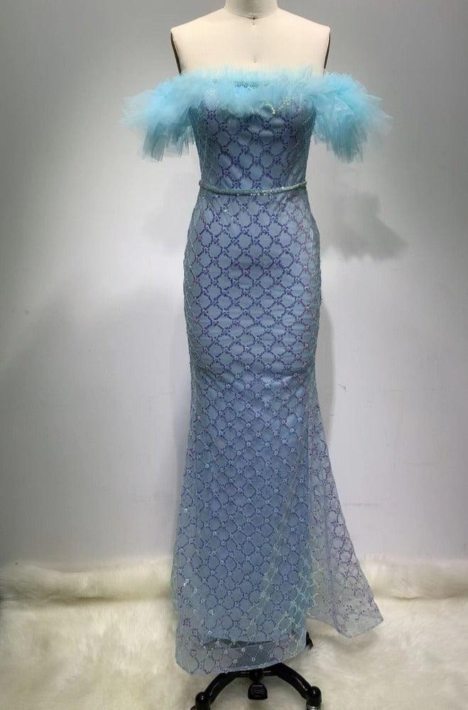 Embellished Off Shoulder Ruffle Mermaid Gown