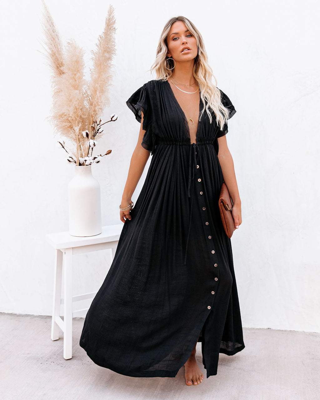 V-Neck Flutter Sleeve Button Front Maxi Dress
