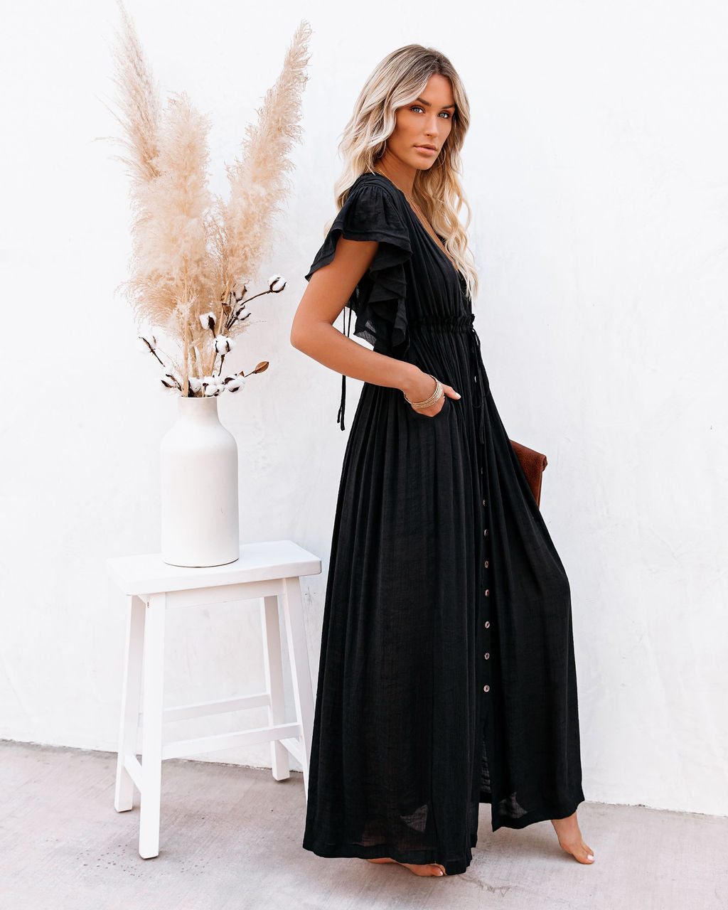 V-Neck Flutter Sleeve Button Front Maxi Dress