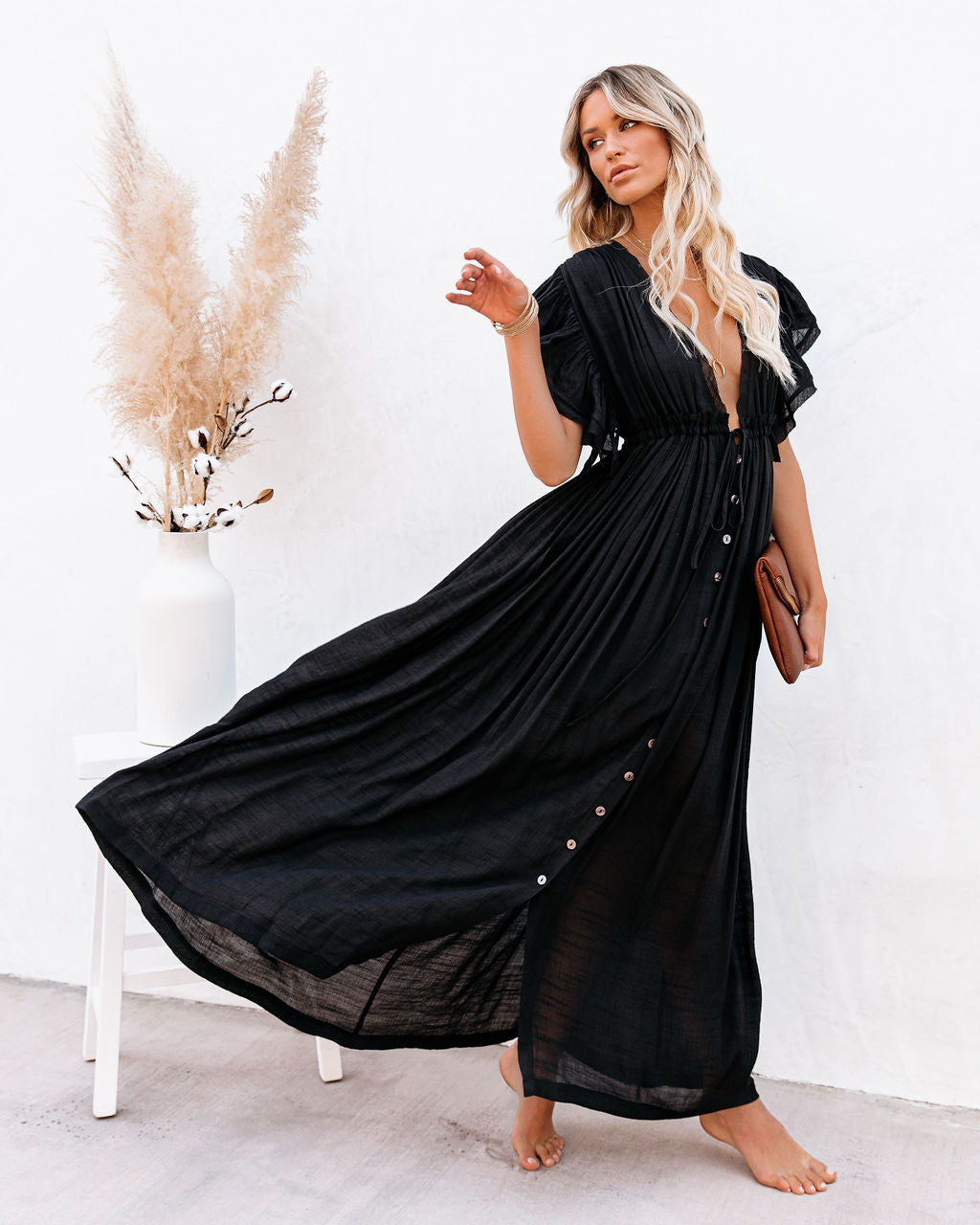 V-Neck Flutter Sleeve Button Front Maxi Dress