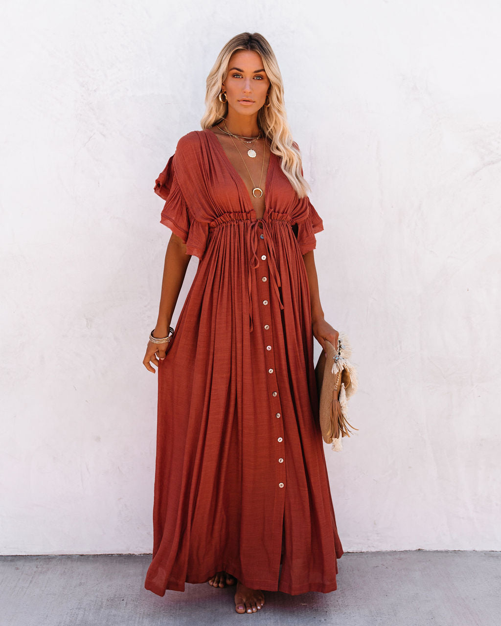 V-Neck Flutter Sleeve Button Front Drawstring Maxi Dress