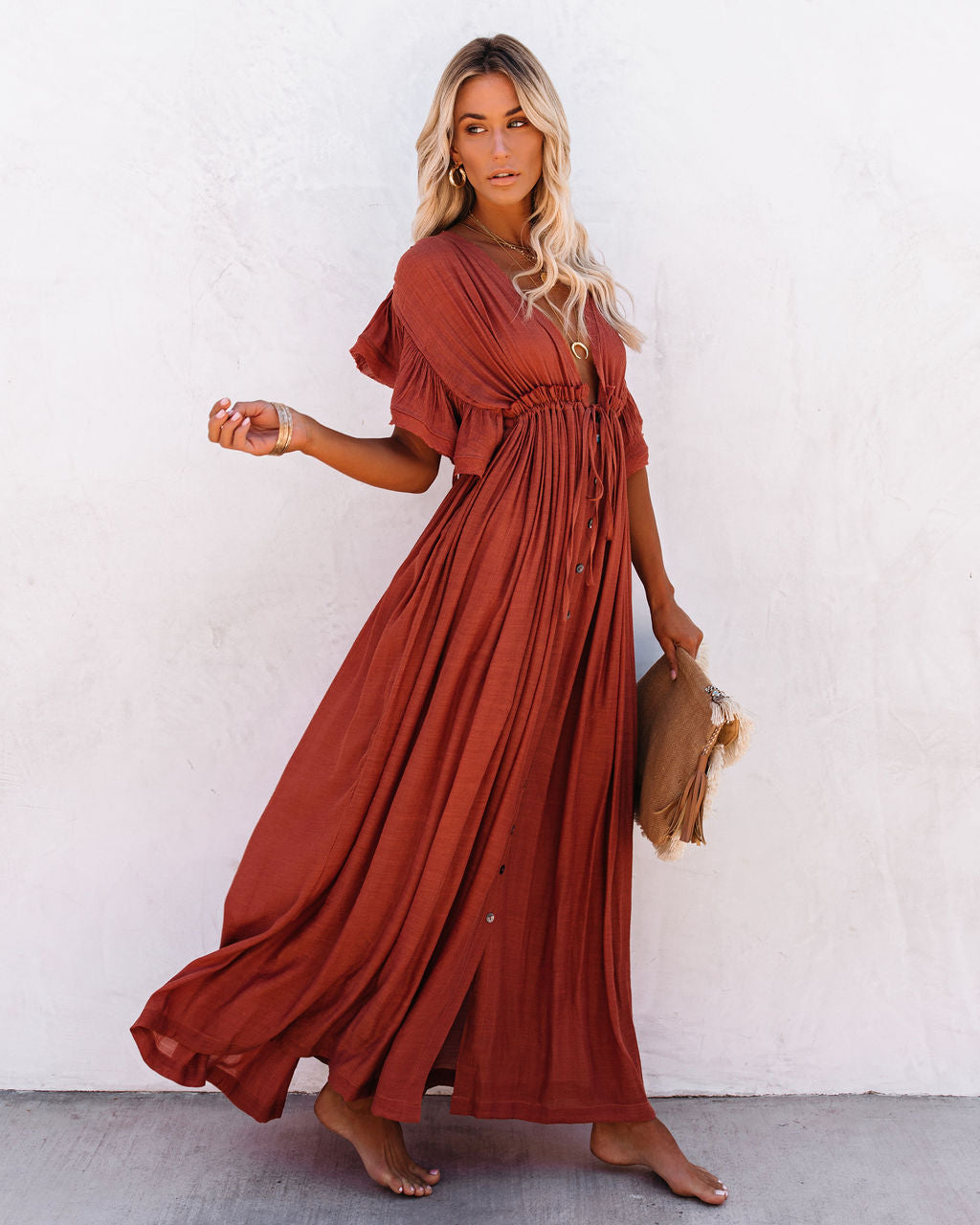 V-Neck Flutter Sleeve Button Front Drawstring Maxi Dress