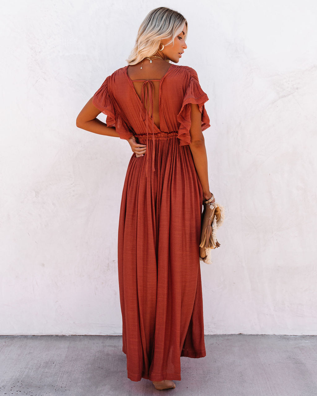 V-Neck Flutter Sleeve Button Front Drawstring Maxi Dress