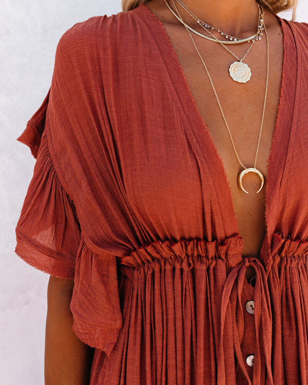 V-Neck Flutter Sleeve Button Front Drawstring Maxi Dress