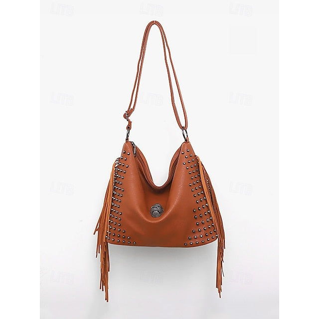 Brown Leather Boho Studded Bag Hobo Skull Fringe