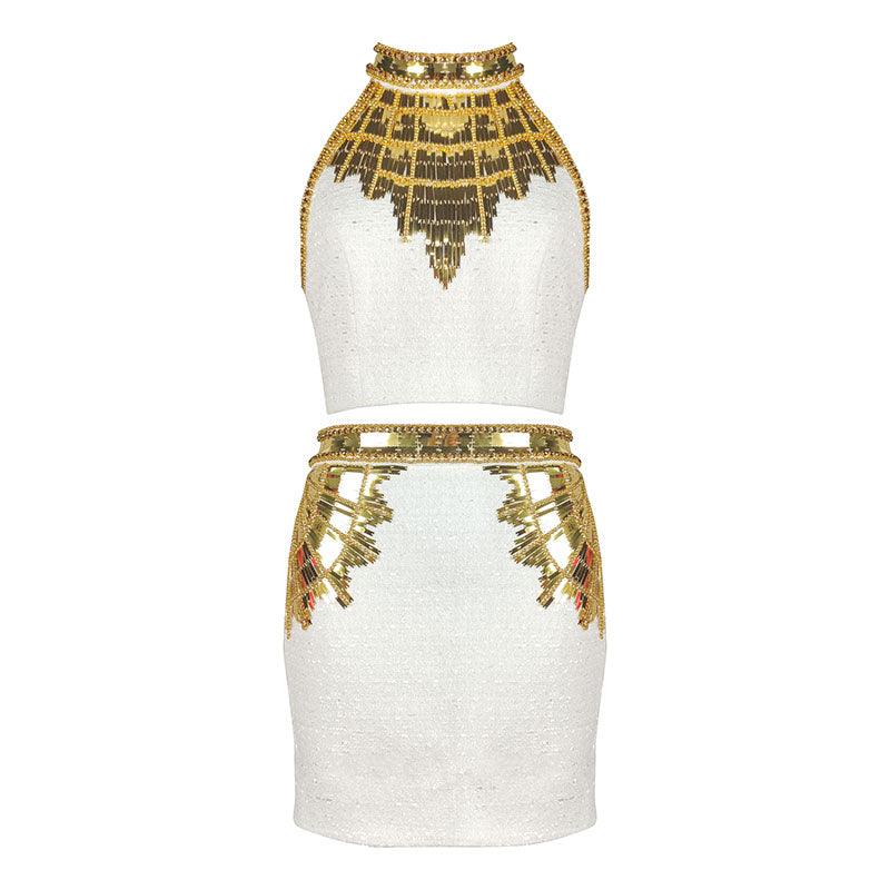 KittenAlarm - Anna Sleeveless Mock Neck Golden Sequin Knitted Mini Dress