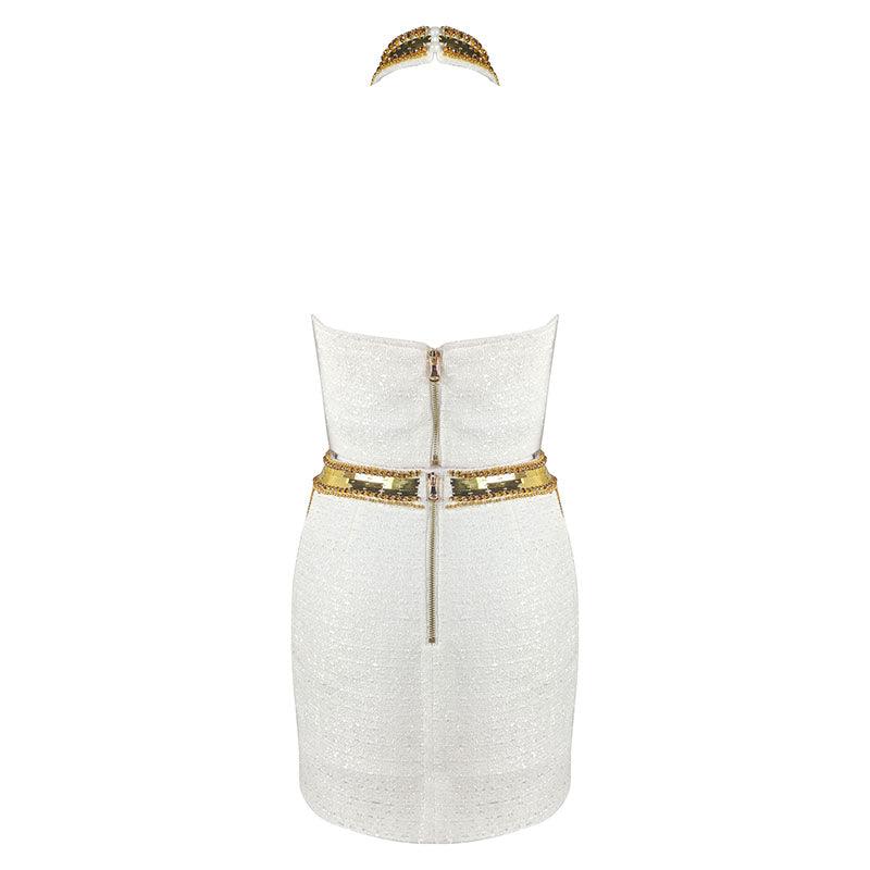 KittenAlarm - Anna Sleeveless Mock Neck Golden Sequin Knitted Mini Dress