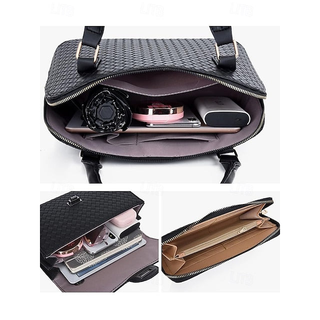 Handbag Set Brown Leather Woven 3-Piece Faux