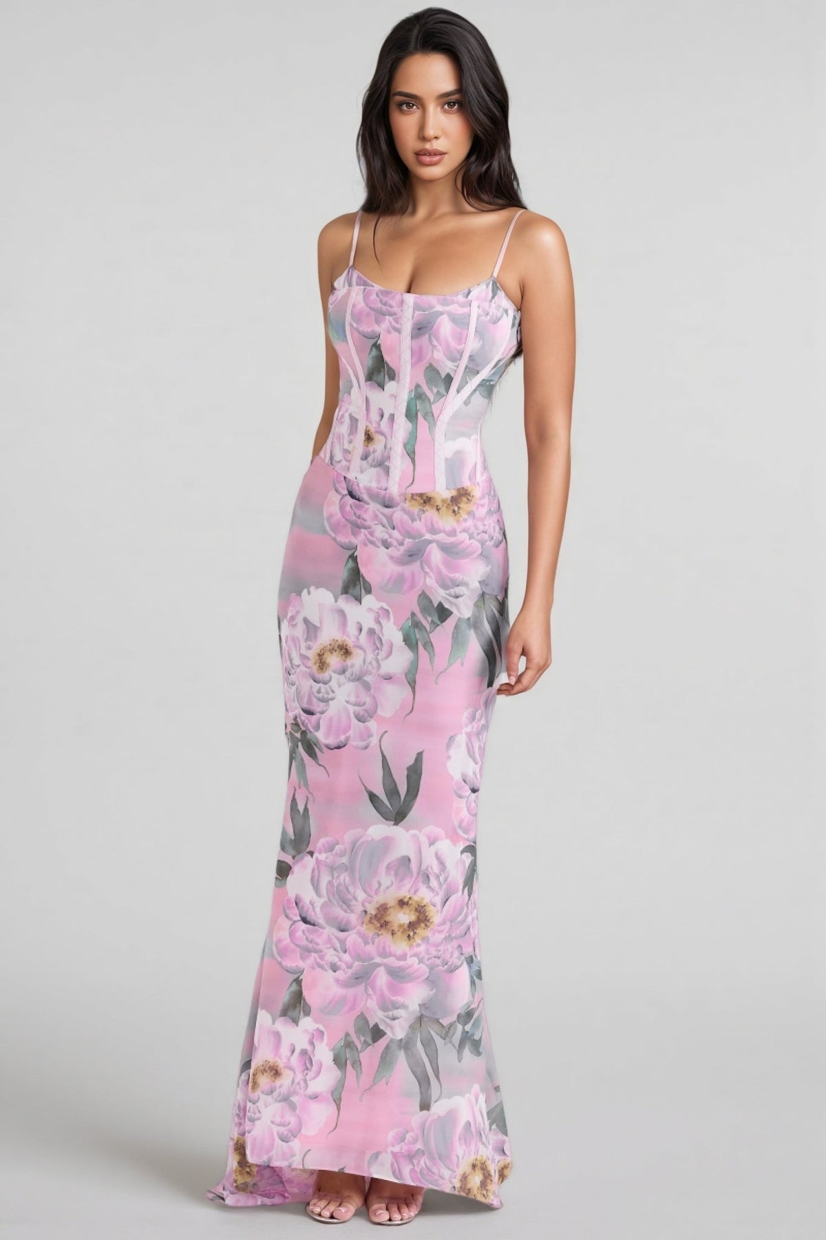 Floral Spaghetti Strap Corset Mermaid Maxi Dress - View 2