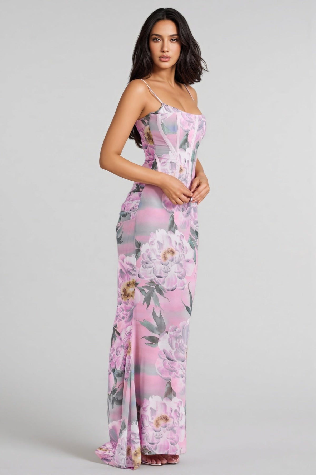 Floral Spaghetti Strap Corset Mermaid Maxi Dress - View 3