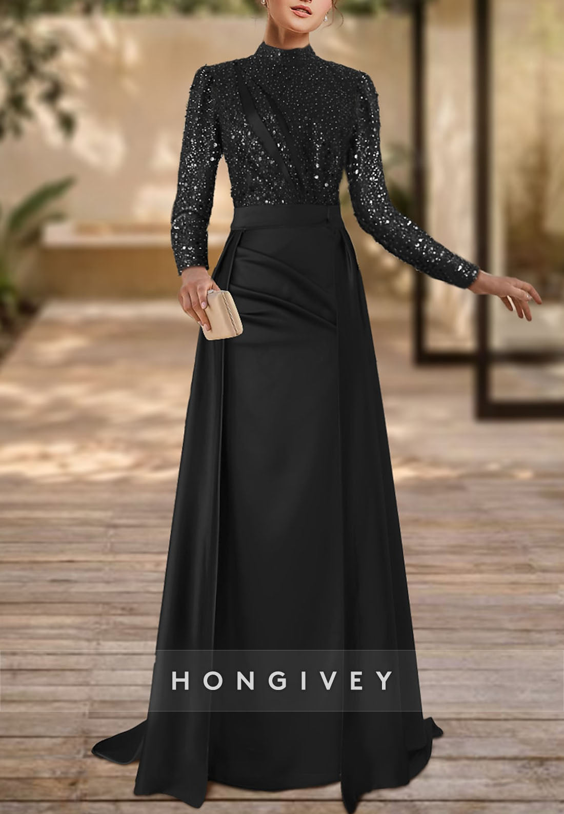 Satin Floor-Length Long Sleeve Evening Gown High Neck Pleated Detachable Formal Dresses