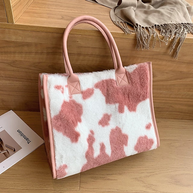 Tote Bag with Leather Faux Leopard Print Brown Fur